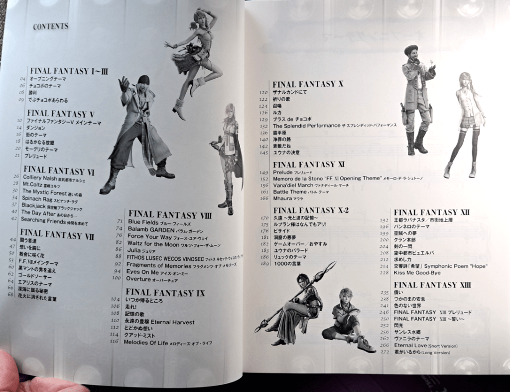 Table of contents featuring images of the main characters from Final Fantasy XIII. From left to right, Snow, Vanille, Lightning, Fang, Hope, Sazh, and Serah