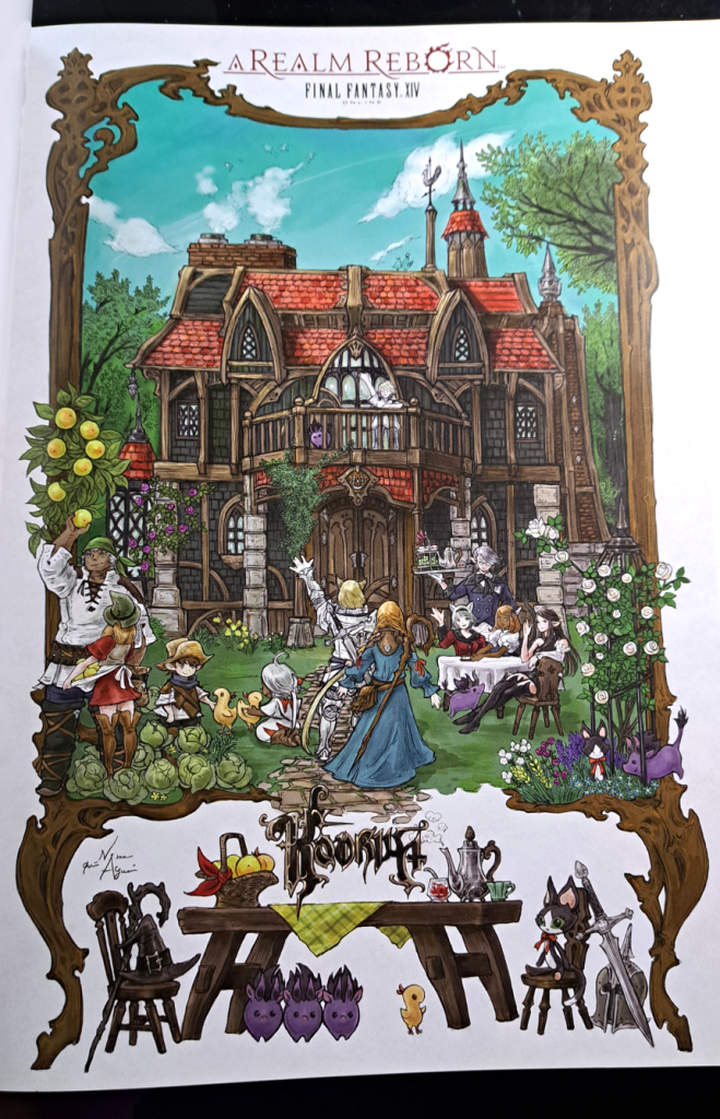 color artwork of a brown and red mansion with garden filled with yellow, white, and purple flowers with adventurers coming together