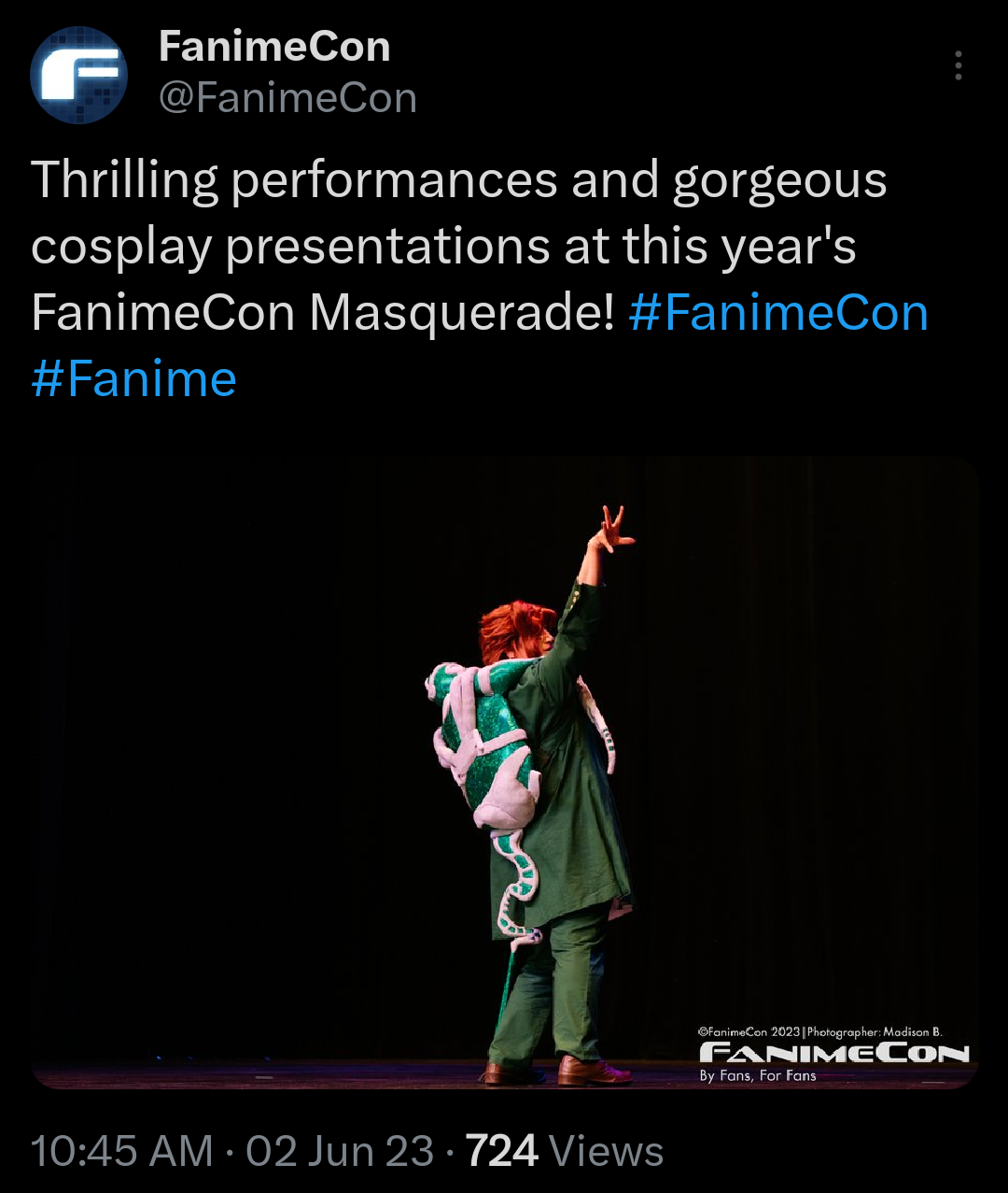 Kakyoin posing, featured on Fanime's X account.
Text:
FanimeCon
@FanimeCon
Thrilling performances and gorgeous cosplay presentations at this year's FanimeCon Masquerade! #FanimeCon #Fanime
