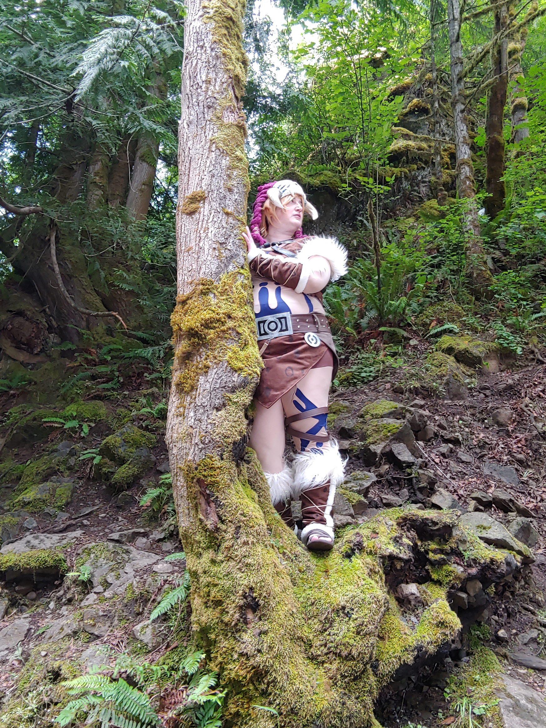 Link leaning against a mossy tree