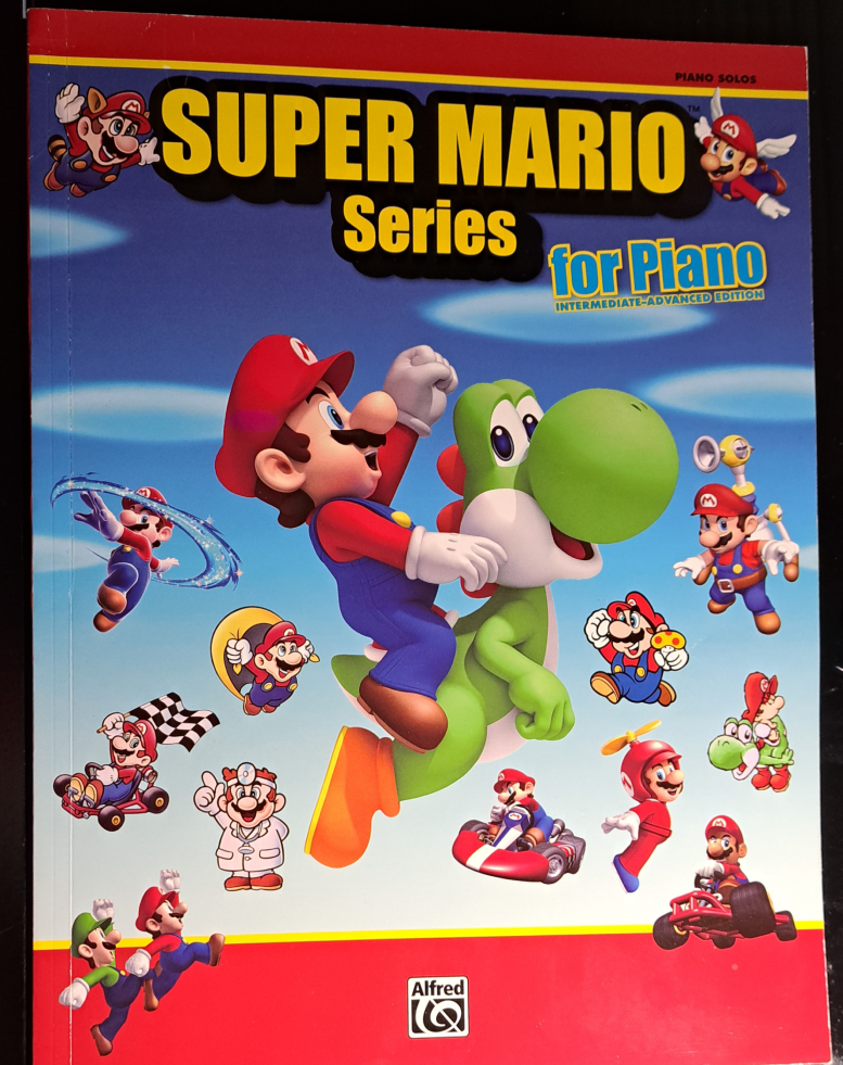 Cover with a large image of Mario riding Yoshi in the center, surrounded by various images of Mario in different games. The title says "Super Mario Series for Piano"