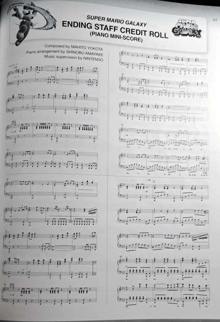 Page from the Super Mario Galaxy mini-score. There are 4 pages of notes shrunk down to fit on a singular page.