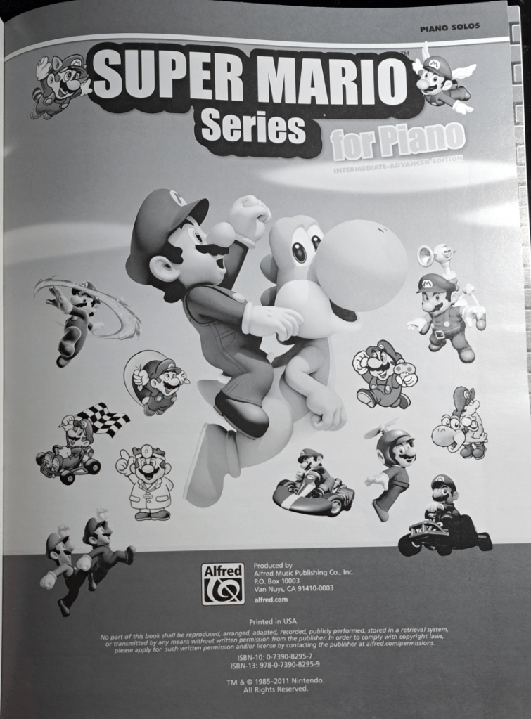 Title page with the front cover image in grayscale. Mario riding Yoshi is in the center with small images of Mario in power ups from various games. Text is "Super Mario Series for Piano"