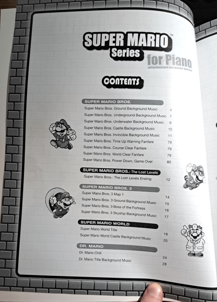 Table of contents for the book. The contents cover game songs from Super Mario Bros. to Dr. Mario. Images of Mario from each game dot the margins