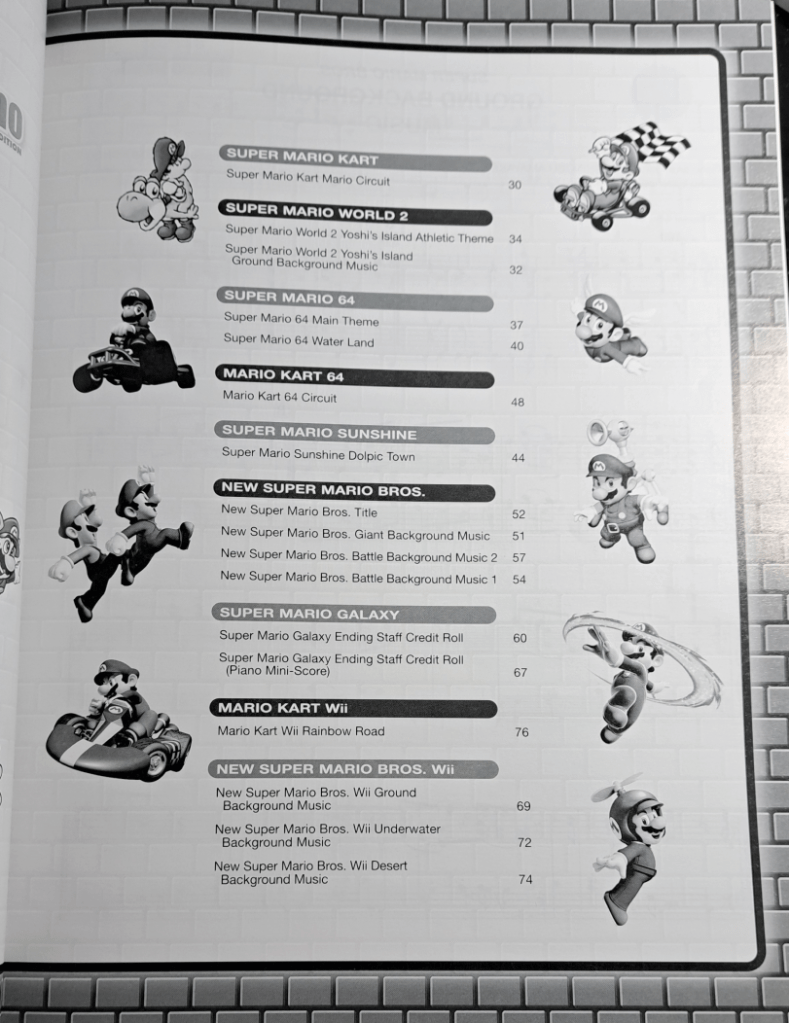 Table of contents for the book. The contents cover game songs from Super Mario Kart to New Super Mario Bros. Wii. Images of Mario from each game dot the margins