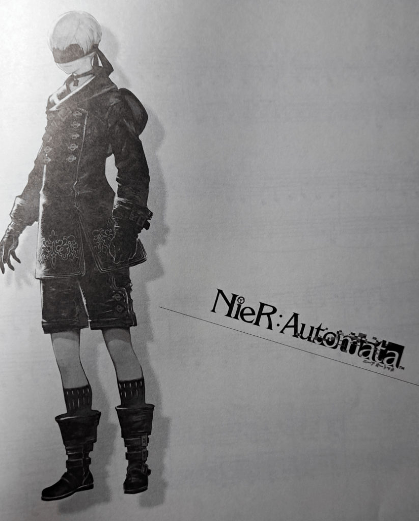 9S standing in front of a white background with NieR:Automata written on the right.