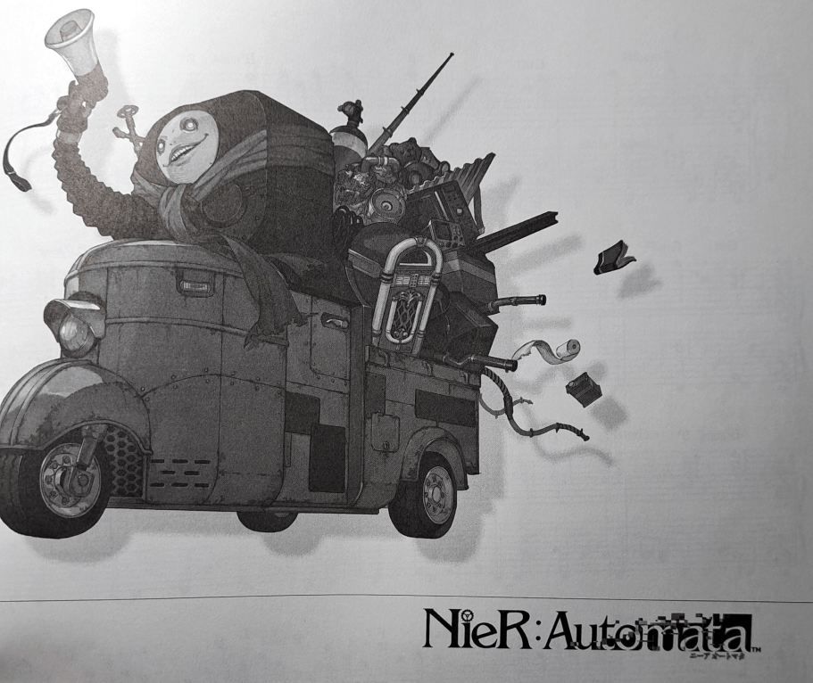 Insert of the Emil mobile scooting off to the left with NieR:Automata written below him