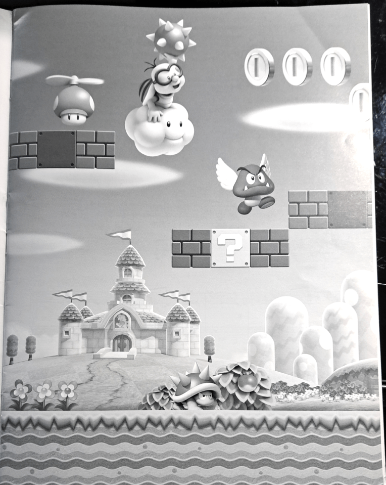 Grayscale insert. Bricks and coins float in the air with Lakitu and a winged goomba prepping for attack