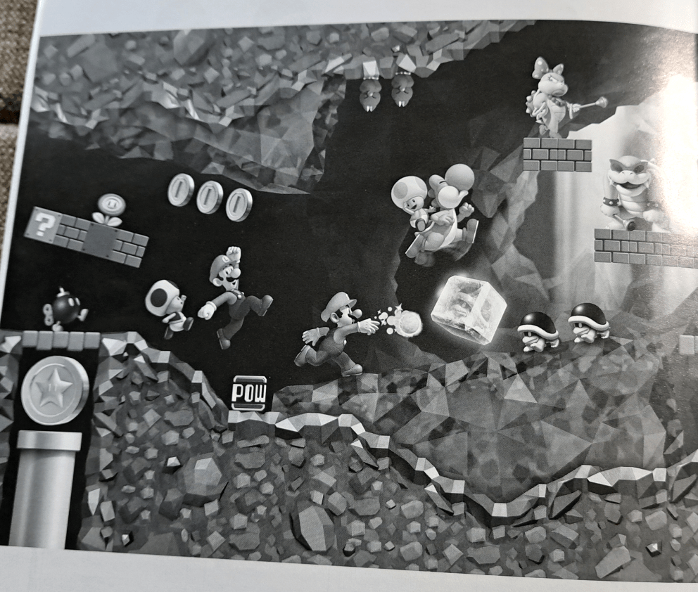 Grayscale version of the crystalline cavern artwork. Wendy standing on the right side. Yellow Toad rides a Yoshi. Mario uses an ice flower. And Luigi and Blue Toad trail behind.