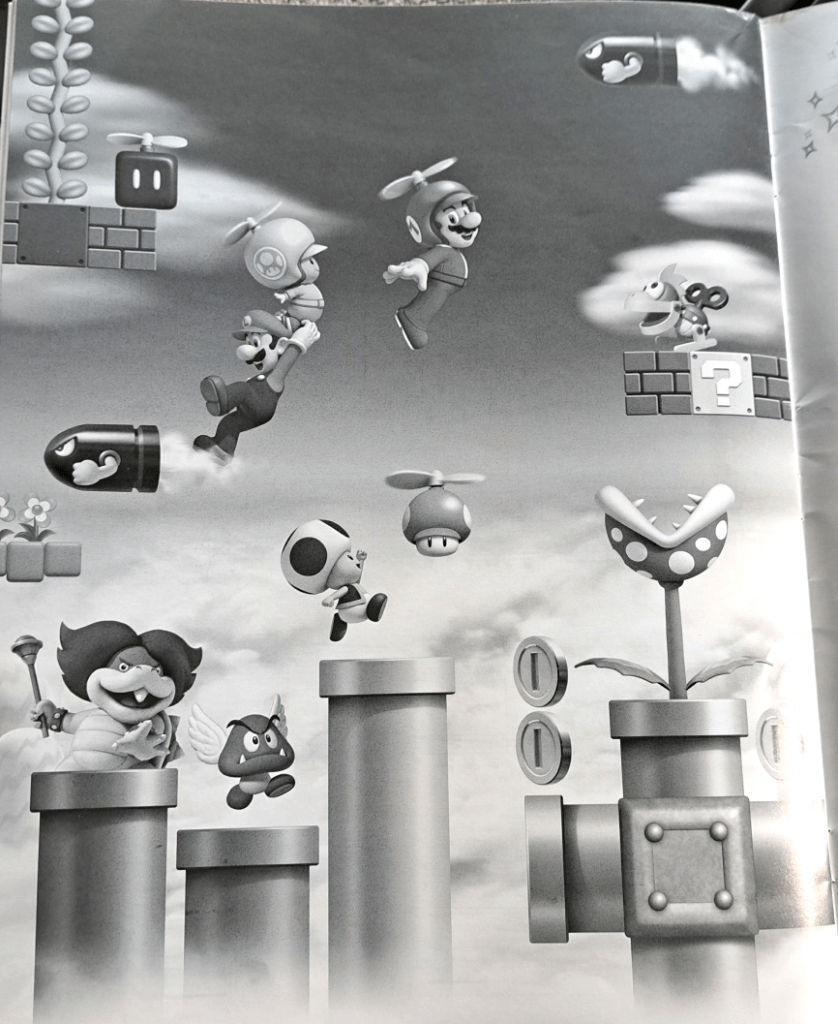 Artwork mostly of the heroes using the propeller flower. The heroes are in the center with Ludwig popping up from a pipe at the bottom.