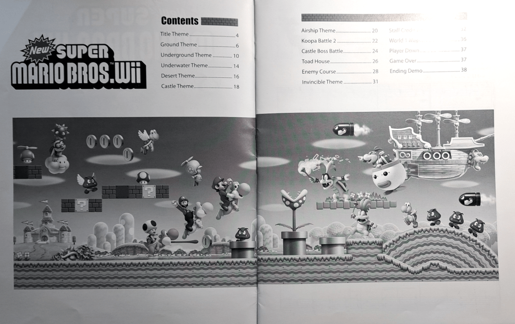 Table of contents with the wide promotional art at the bottom. The heroes are on the left page with some baddies and a mushroom to their left. To the right are several koopalings and Bowser Junior with some dancing Koopas on the right.