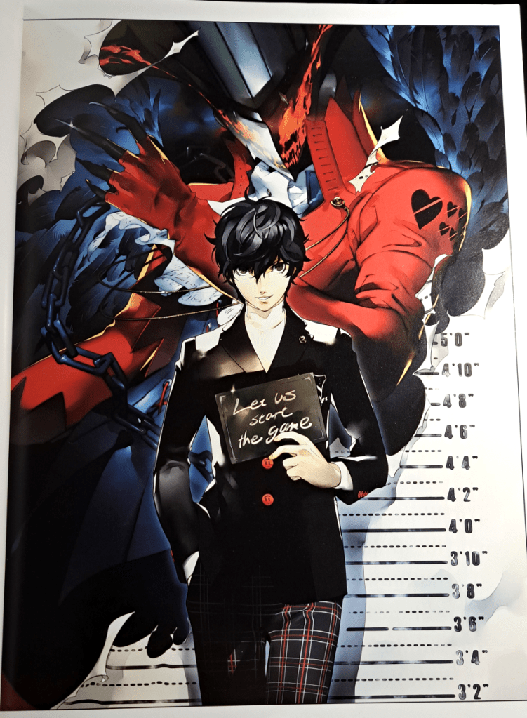 Artwork of the protagonist holding up a sign that says "Let us start the game." Behind him is Arsene. Both in front of a height chart.