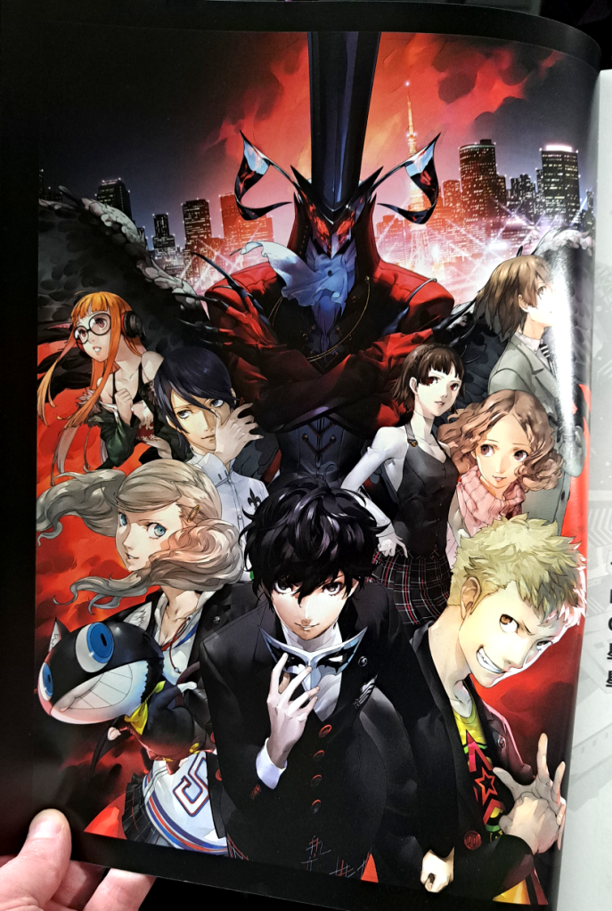 Color art of all the characters you can have in your party except for Akechi with Arsene in the background