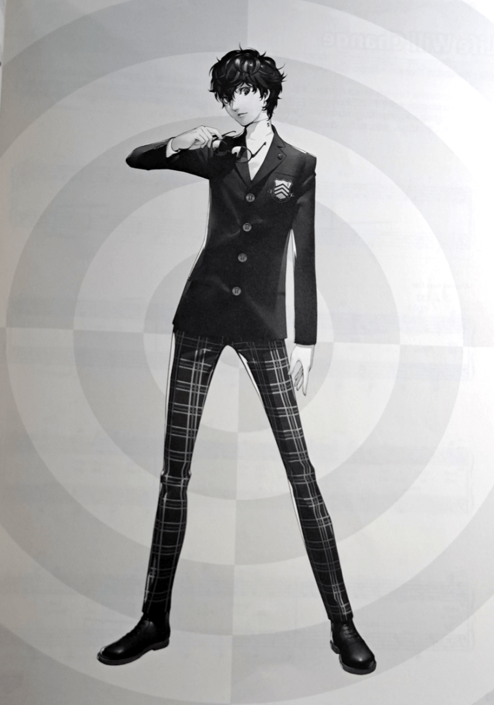 Grayscale artwork of the protagonist in front of a light gray circular design