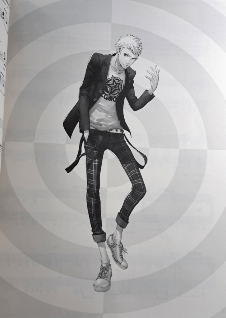 Grayscale artwork of Ryuji in front of a light gray circular design