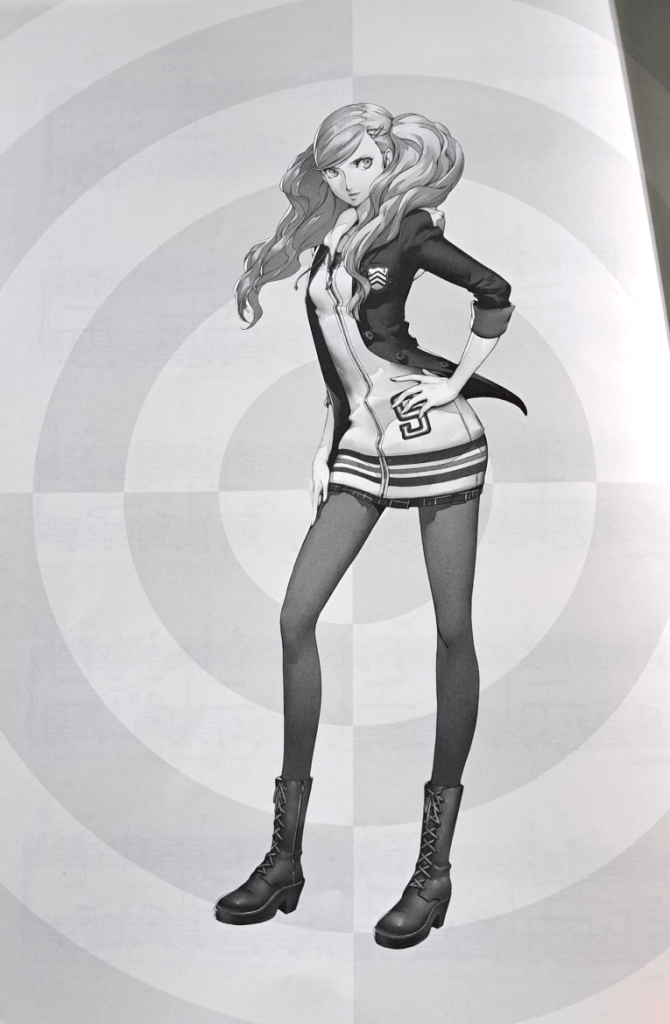 Grayscale artwork of Ann in front of a light gray circular design