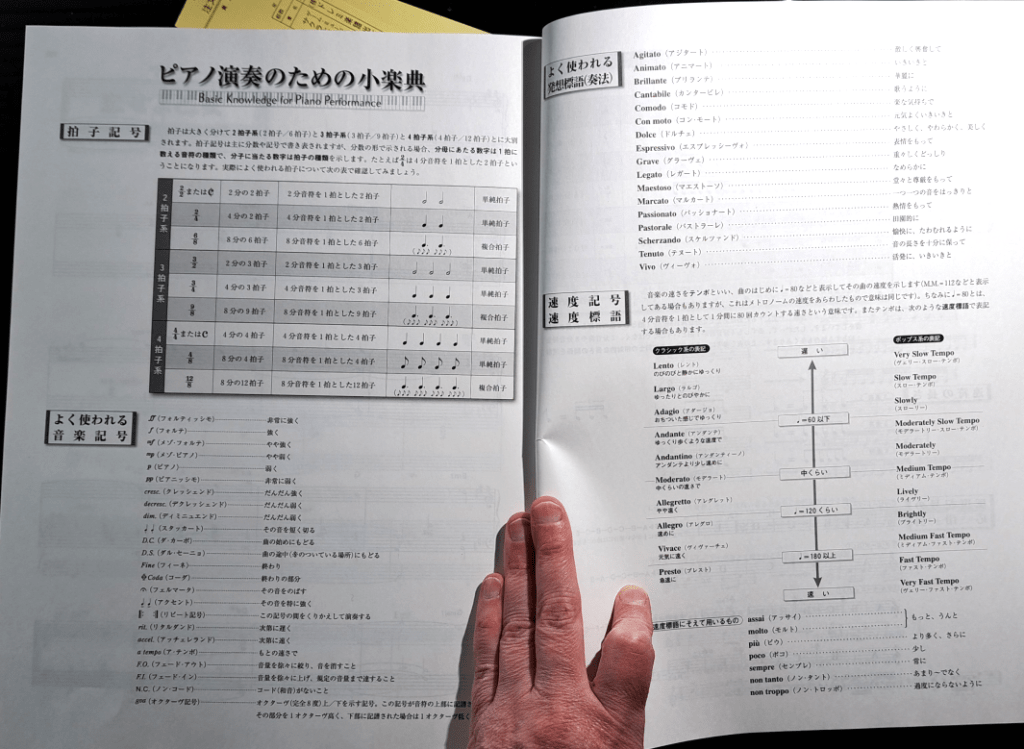 Two pages from the playing guide translating musical symbols into Japanese and explaining them.