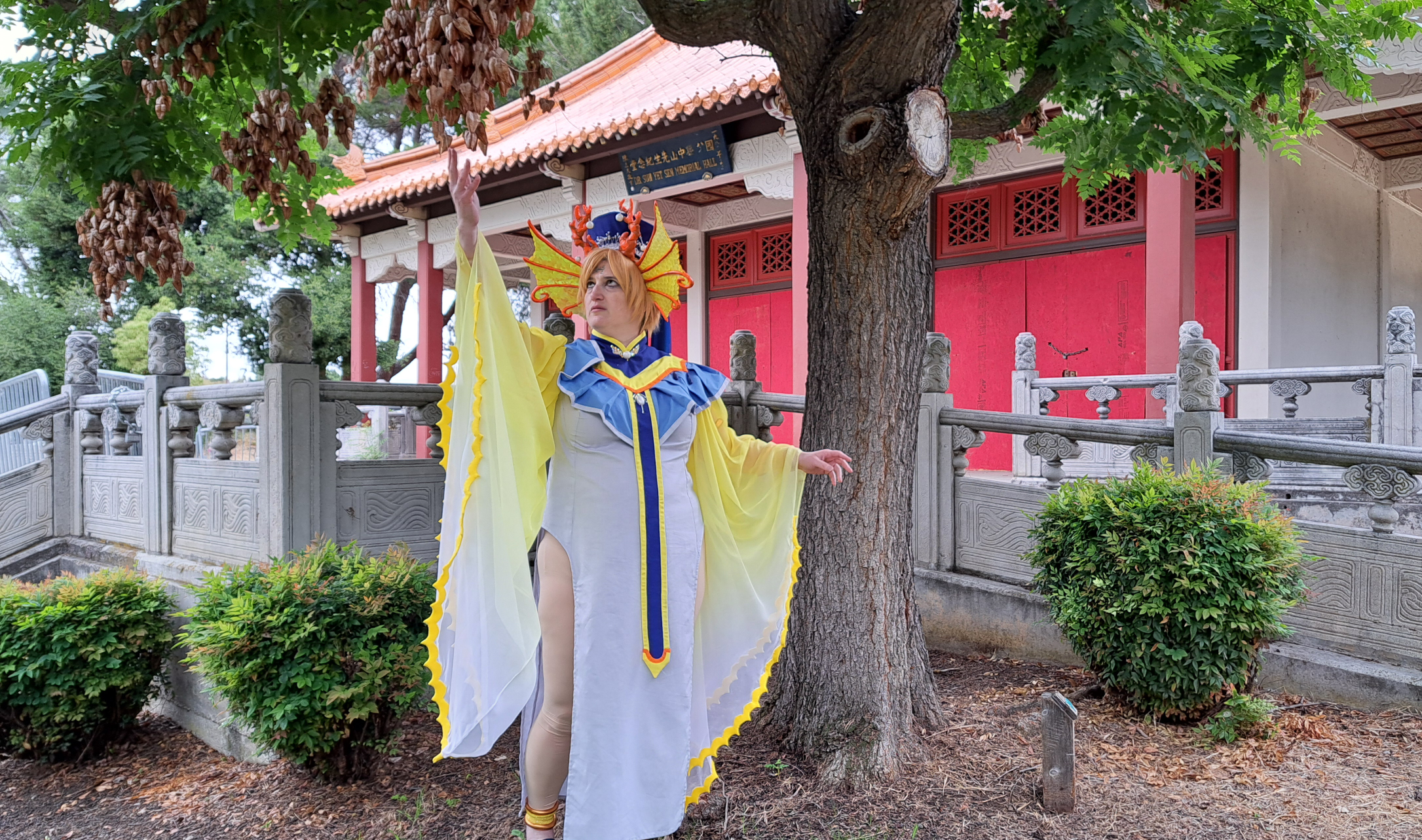 Yui reaching up towards dead hanging flowers