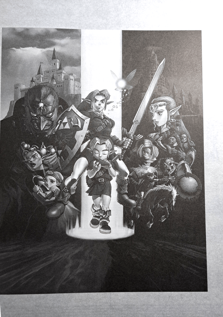 Ocarina of time art with the poster of many of the characters, but kid and adult link in the center in a column of light