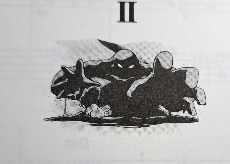 Section header for "Ending" theme, listed as II, with Geldman artwork in grayscale reaching forward underneath it.