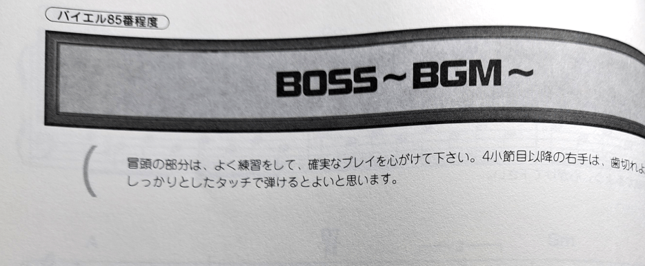song title decorations. "BOSS ~BGM~" at the top in English surrounded by a gray box with a dark gray border. Below it is information about the song written in Japanese.