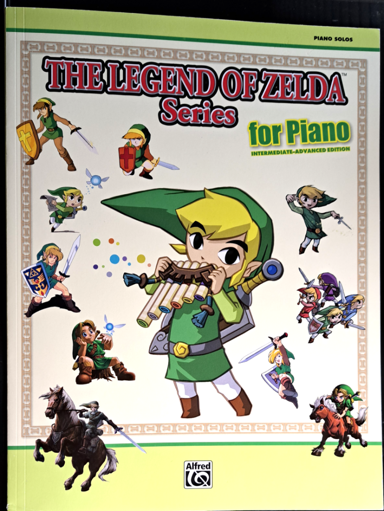 Front cover with a light green frame around the edges. Title says "The Legend of Zelda series for piano". Toon Link is in the center with pan pipes with Links from other games surrounding him