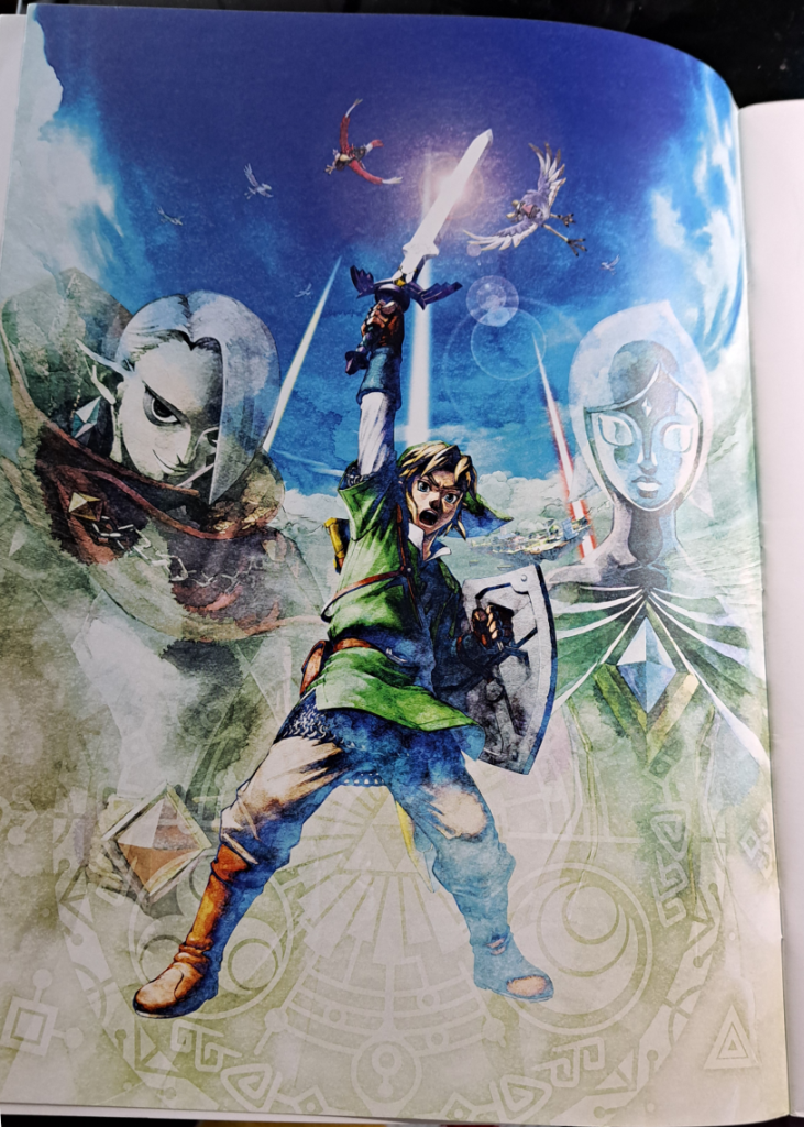 Color artwork of Link raising his sword in the center and Ghirahim (left) and Fi (right) in the background