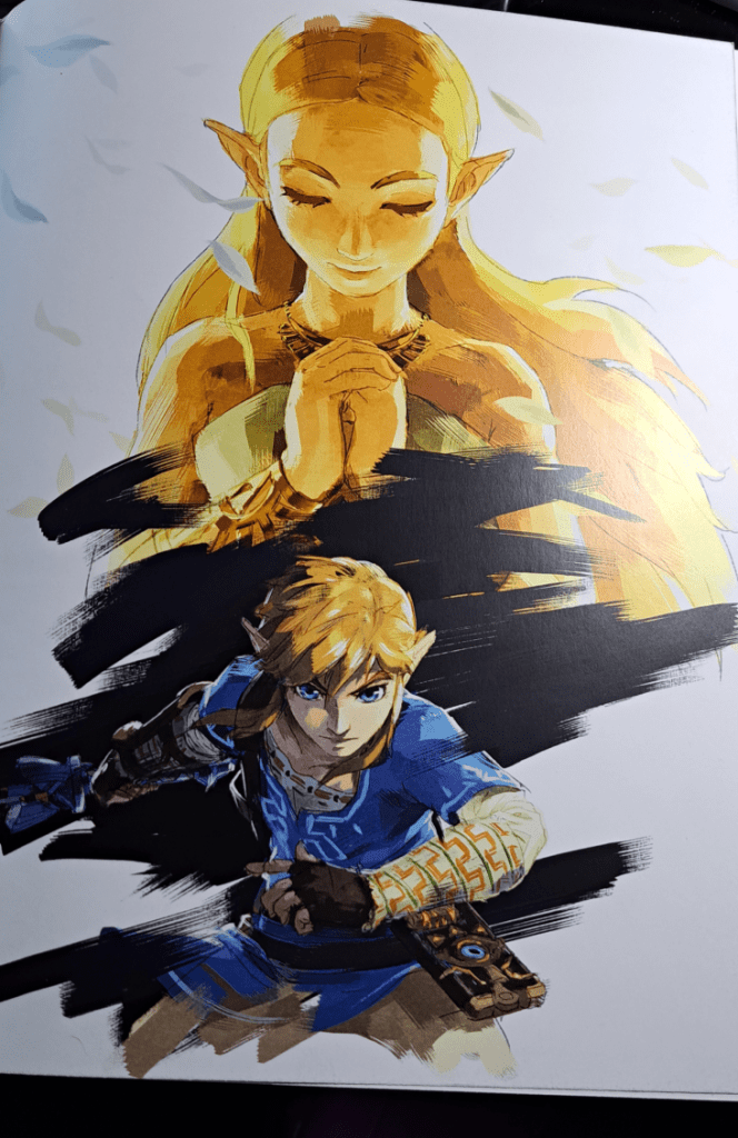 Color artwork of Link with his sword drawn in the front with Zelda in the back doused in a golden light. Black gloom separates them.