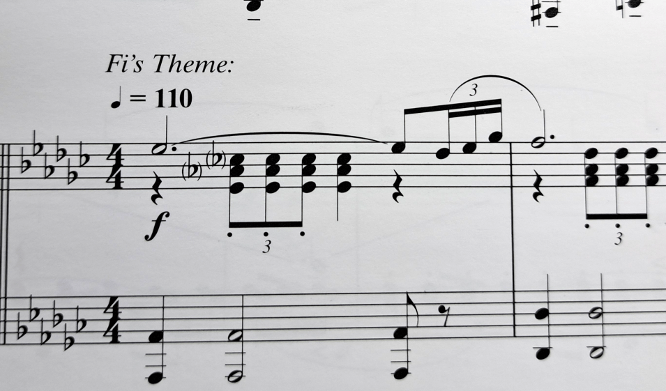 Section header for Fi's Theme written above the grand staff