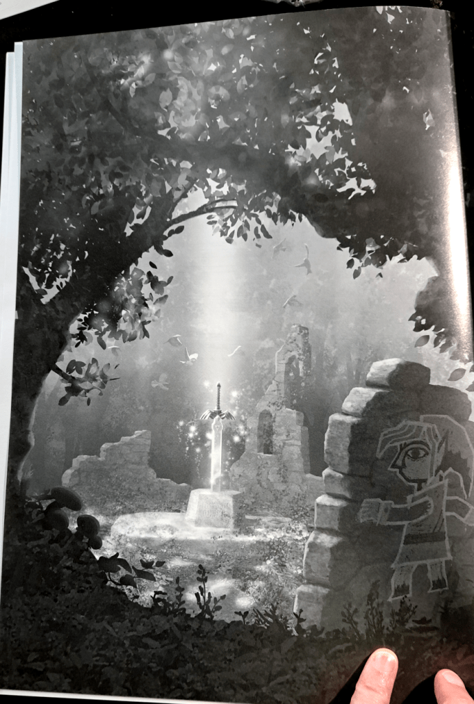 Book tailpiece artwork from A Link Between Worlds featuring Link painted flat on a brick wall in the Lost Woods, the Master Sword in the center in a column of light.