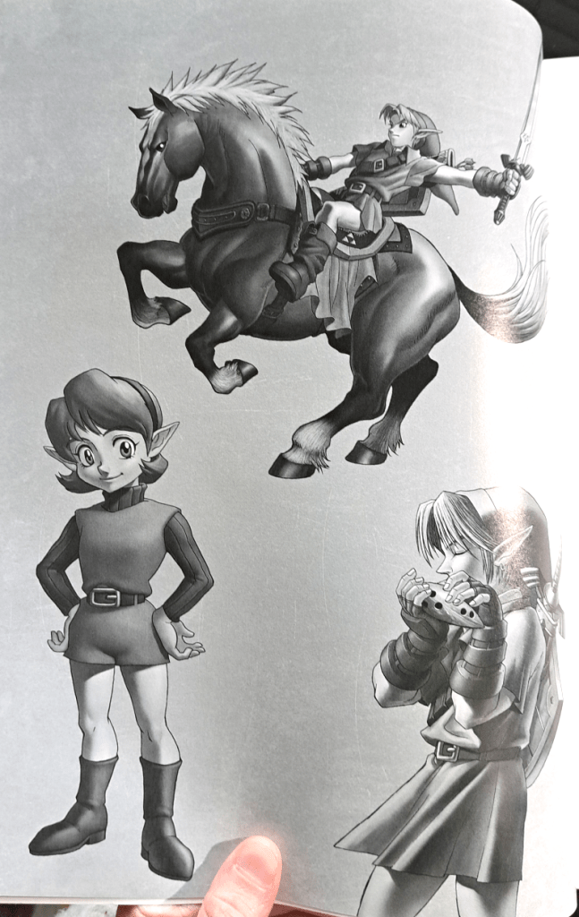 Section page for the first movement featuring Link riding Epona (top), Saria (bottom left), and Link playing the ocarina (bottom right)
