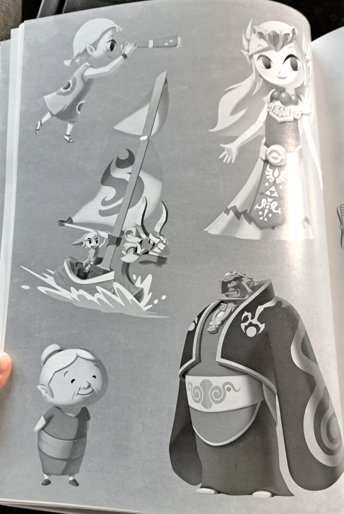 2nd movement header featuring artwork from Wind Waker. Top left, Aryll holding a telescope. Top right, Zelda. Middle, Link sailing. Bottom left, grandma. Bottom right, Ganondorf.