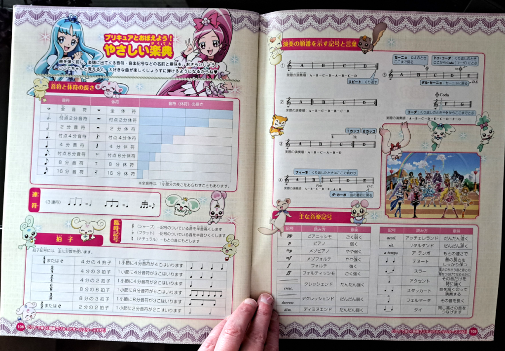 The how to play and read music section. Cure Marine and Cure Blossom are over the title and intro on the left. Fairies, mascots, and familiars dot the page. On the right page is a screenshot of all the cures together. The sections teach note length, reading time signatures, reading jumps, and reading score markings