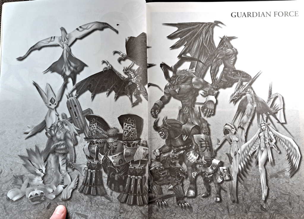 Two-page spread showing all the possible Guardian Forces you can acquire in game