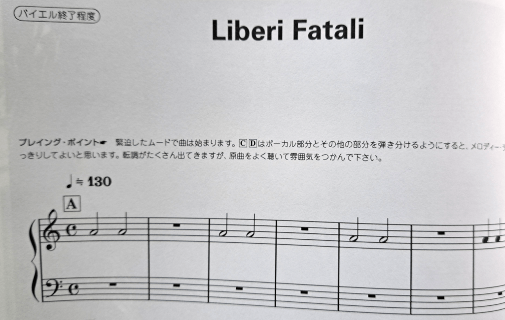 song title says "Liberi Fatali". Below it is a section called Playing Point that talks about how to play the music in Japanese.