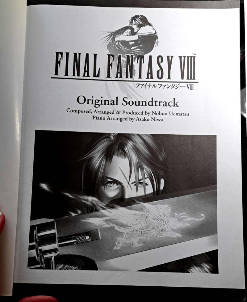 Large text says "Final Fantasy VIII" with Amano art of Squall and Rinoa embracing. Below that is "Original Soundtrack with credits for the composition." The large image is Squall wielding the Lionheart gunblade