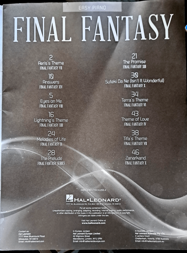 Table of contents. The background is a grayscale version of the front cover with streaks of aether and Lifestream along the bottom. The top says "Easy Piano Final Fantasy". The table of contents lists out the page number along with the song name and game name. Refer to Song List for full text.