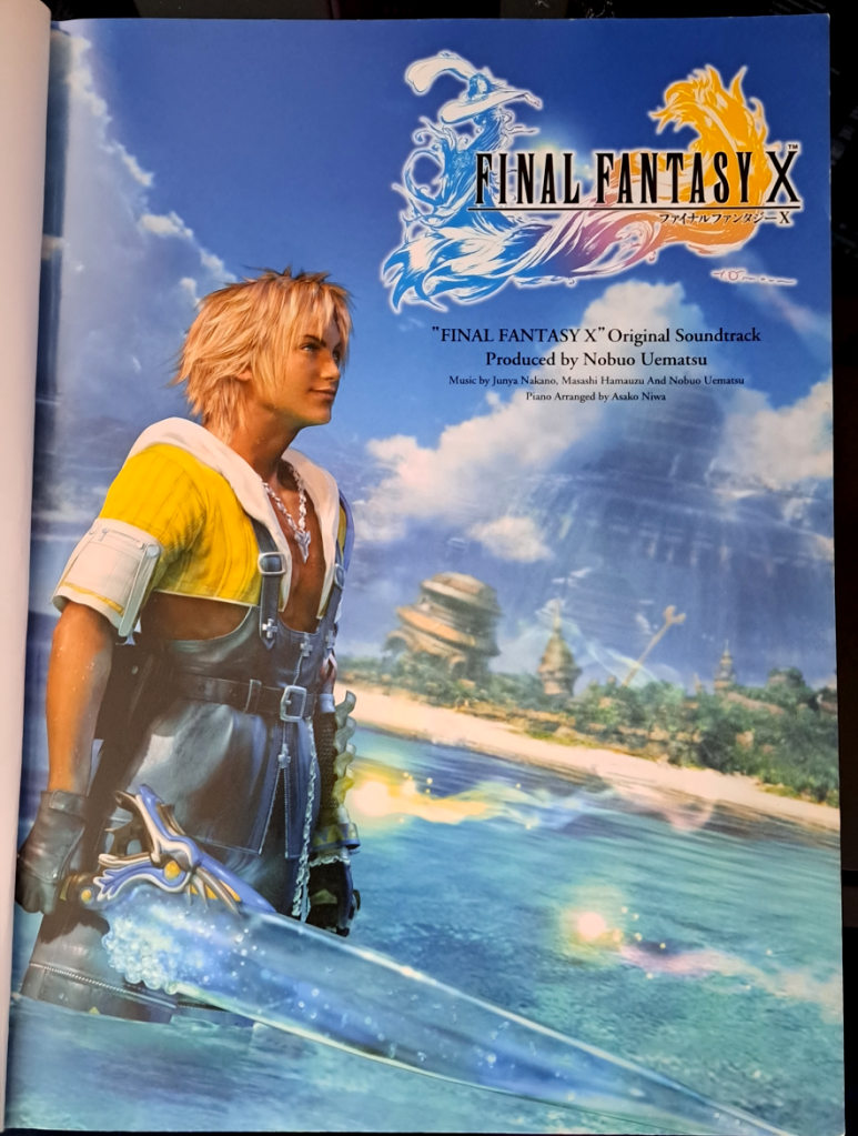 Top right is the title "Final Fantasy X" At the top with Yuna performing a sending behind it. Below it says "Final Fantasy X Original Soundtrack Produced by Nobu Uematsu". Background is a full page image of Tidus standing in the water near Besaid