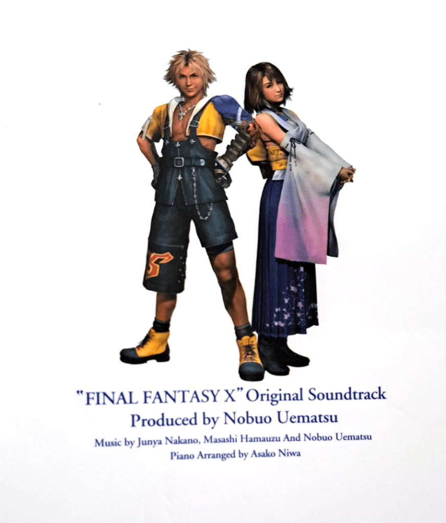 Back cover artwork of Tidus (left) and Yuna (right) standing together. Text reads "Final Fantasy X Original Soundtrack produced by Nobuo Uematsu"