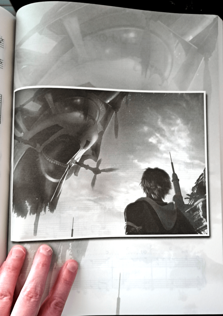 Artwork of Tidus (bottom left) looking up at the underside of the Fahrenheit airship flying in the top right.