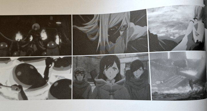 Collage of screenshots
Top row, left to right: 2B fighting machine lifeforms, Adam, and holding 9S's face
Bottom row: melting machines, Lily and her crew, and the desert scenery