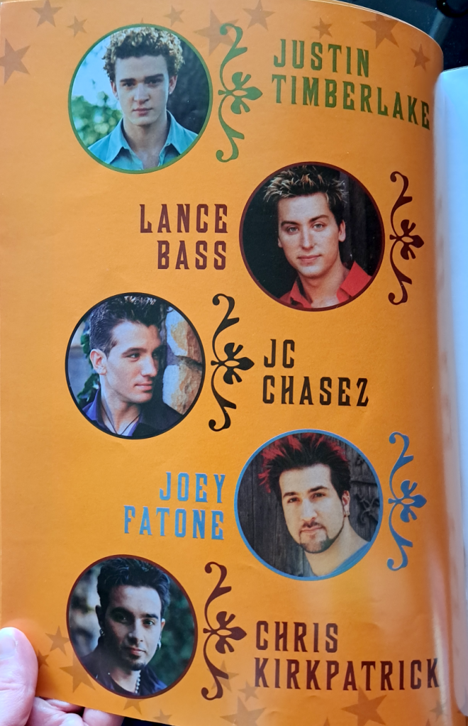 Color photos of ★NSYNC listing everyone's names. From top to bottom: Justin Timberlake, Lance Bass, JC Chasez, Joey Fatone, and Chris Kirkpatrick