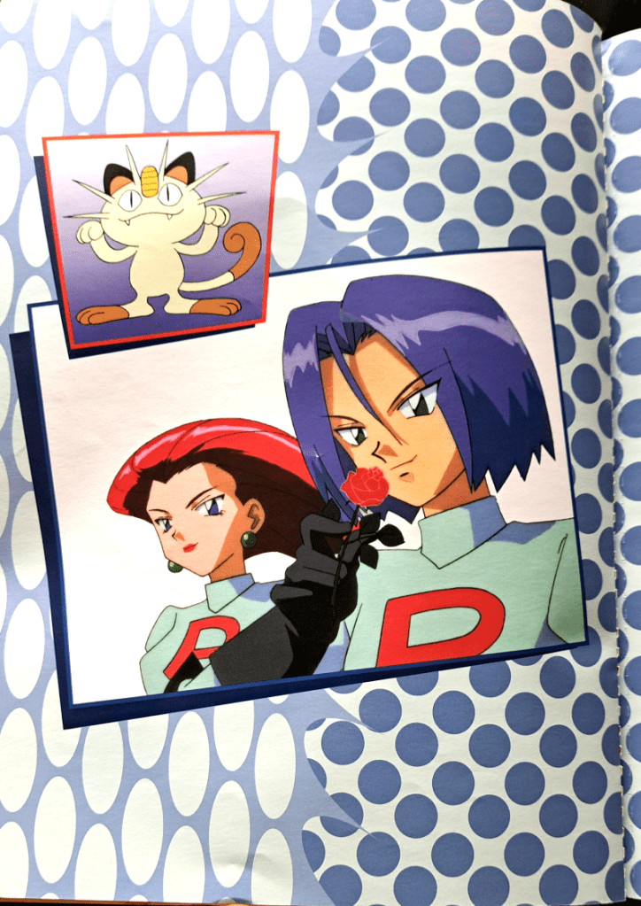 Team Rocket. Main center image is Jessie (left) and James holding a rose  (right). A stock image of Meowth is in the top left. Background is blue and white spots.