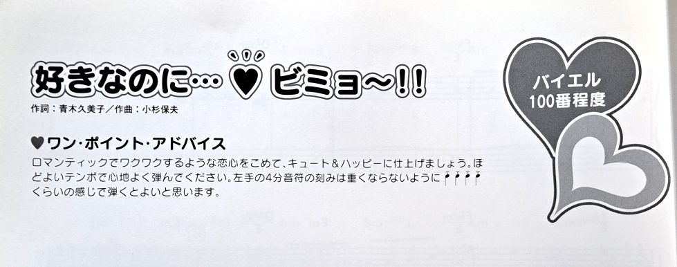 Song title for "I like it but...? It's weird!!" written at the top left. Below that is a section called "One Point Advice" which gives advice for reading the music. To the right is a heart with a Bayer ranking of 100.