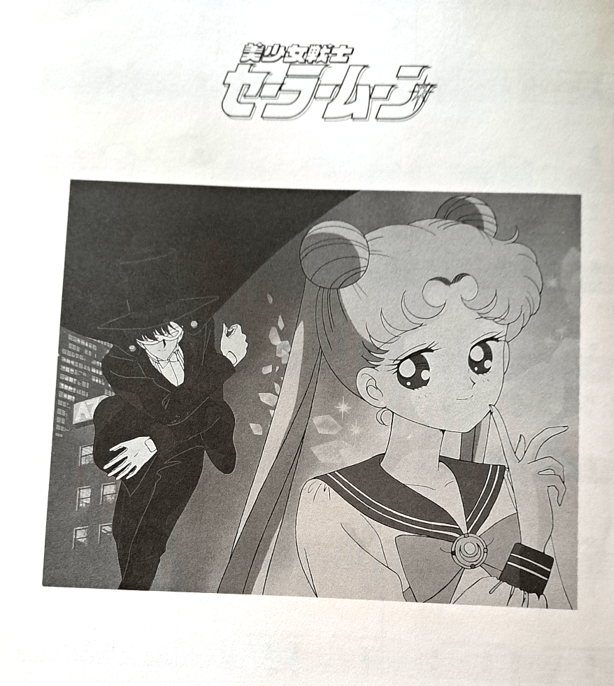 Grayscale artwork of Usagi in front of a dramatic Tuxedo Mask, both set against a cityscape. At the top is "Pretty Guardian Sailor Moon" in Japanese