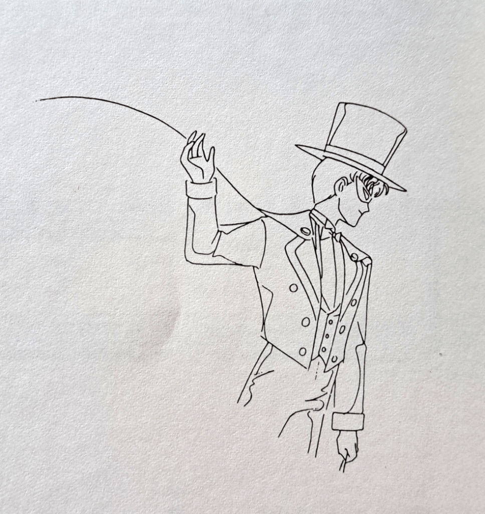 Line art of Tuxedo Mask facing right and flipping his cape left.