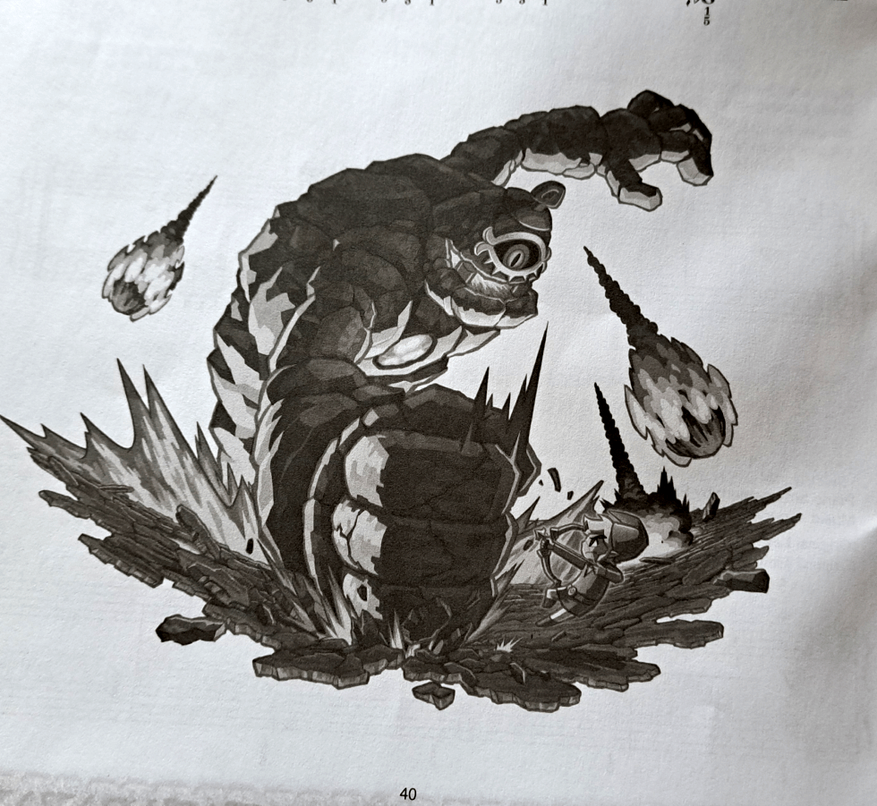 Link leaping backward with bow drawn, fighting Cragma while it pounds its fist on the ground and shoots fireballs.