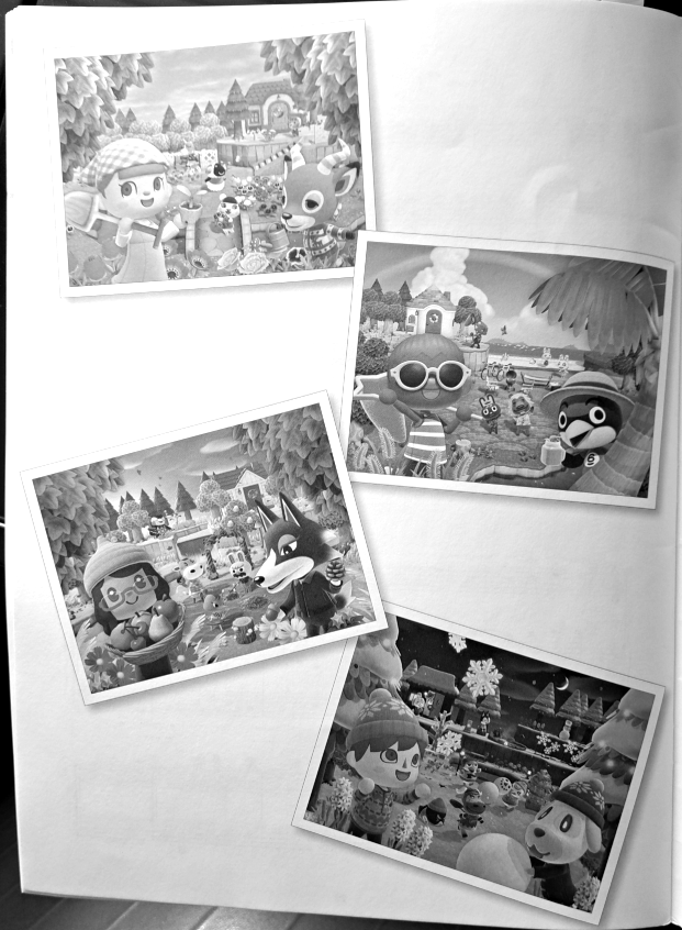 Page of screenshots from the game with villagers having fun with animal residents framed like a series of photographs.