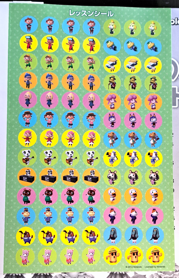 Sticker sheet! Background is a minty green. Stickers are circular with a single color background. Each character has a different color (colors are reused) with a singular character on each sticker.