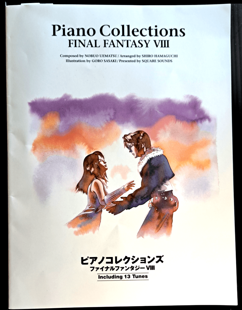 Front cover of Rinoa leaping into Squall's arms with the artwork looking like it was painted in watercolor. At the top is "Piano Collections Final Fantasy VIII" with composition and arrangement credits below.